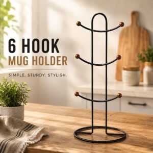 Black Metal 6 Hooks Mugs Table Holder