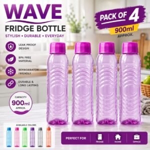 Pack of 4 Wave Design Fridge Water Bottles (Mix/Random color) 900ml Litre Bottles Size (4pcs)