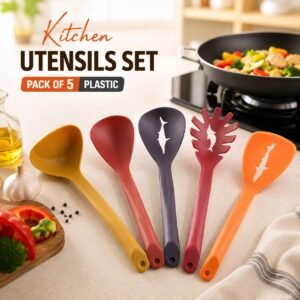 Set of 5pcs Kitchen Plastic Fancy Utensils Set (MixRandom colour) Shopper Packing