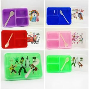 3 Portion Bubbly Single Layer Plastic Lunch Box with Spoon (Mix/Random Color/Design) 6+ Colours and Designs Available
