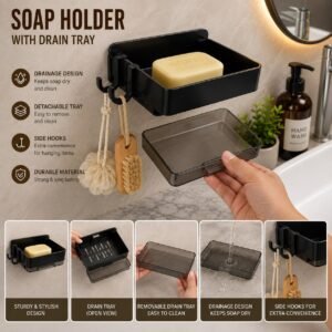 2in1 Self Adhesive Plastic Soap Tray with Drainage Tray and 2 Hanging Hooks