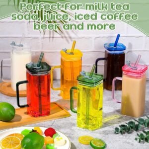 400ml Square Glass Mug with LID and Straw (Mix Random colour)