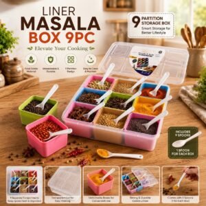 Rs. 350each - Liner 9 Partions Box Masala Storage Box with 9 Spoons (Discount on 48pcscrtn)