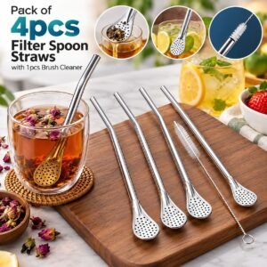 Rs. 3005pcs - 🔥 Pack of 4pcs Filter Spoon Straws with 1pcs Brush Cleaner (Stainless Steel) Discount on Quantity